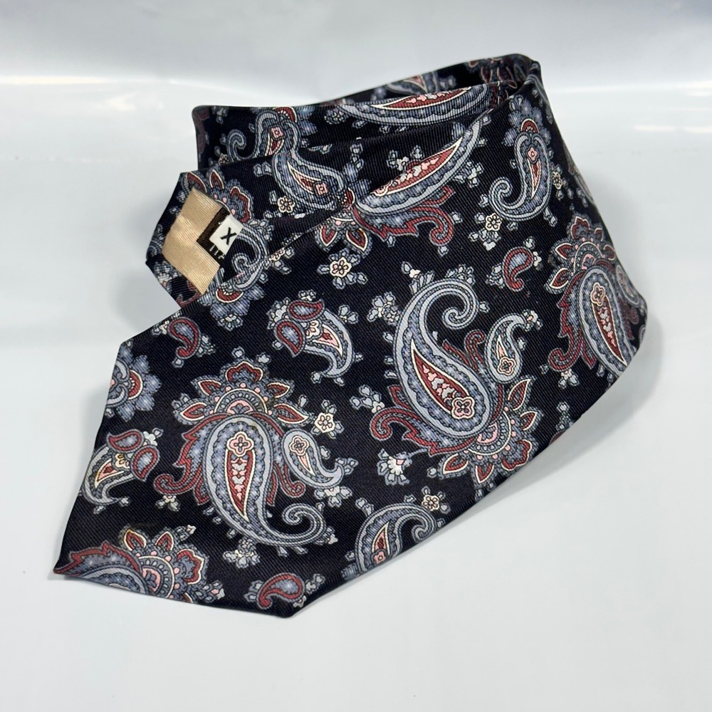 Vintage Givenchy Monsieur Tie Mens XL Navy Blue Paisley Silk Made in Italy Excel